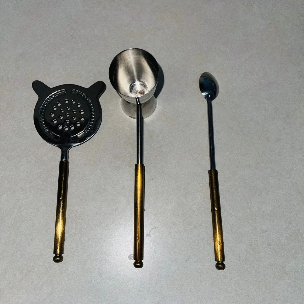 VTG Style Stainless Steel/Gold Brass Handle Bartender Bar Tool Set Jigger
